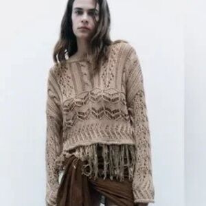 Zara Taupe Crochet Fringe Sweater